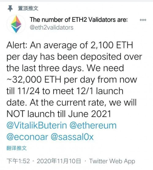 币世界-6天完成10%的进度，ETH2.0大概率无法在12月1日启动