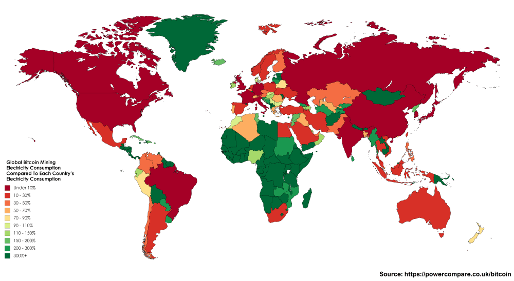 Bitcoin Mining as percentage of each country's electricity usage